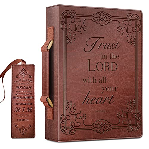 Classic Bible Cover, FINPAC Large PU Leather Carrying Book Case Church Bag Bible Protective with Handle, Perfect Gift for Men, Women, Father, Mother, Friends [Trust in The Lord] -Brown