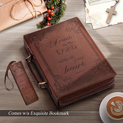 Classic Bible Cover, FINPAC Large PU Leather Carrying Book Case Church Bag Bible Protective with Handle, Perfect Gift for Men, Women, Father, Mother, Friends [Trust in The Lord] -Brown