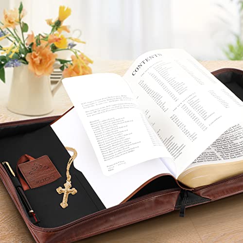 Classic Bible Cover, FINPAC Large PU Leather Carrying Book Case Church Bag Bible Protective with Handle, Perfect Gift for Men, Women, Father, Mother, Friends [Trust in The Lord] -Brown