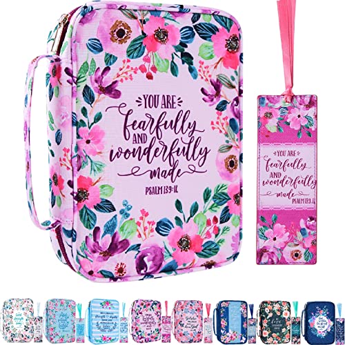 Floral Bible Cover Case with Scripture Carrying Book Case Church Bag with Leather Bookmark Protective with Handle, Zipper and Pockets for Standard Size Bible, Gift for Women Girl Kids 10“x7.5”x2.5"