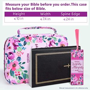 Floral Bible Cover Case with Scripture Carrying Book Case Church Bag with Leather Bookmark Protective with Handle, Zipper and Pockets for Standard Size Bible, Gift for Women Girl Kids 10“x7.5”x2.5"