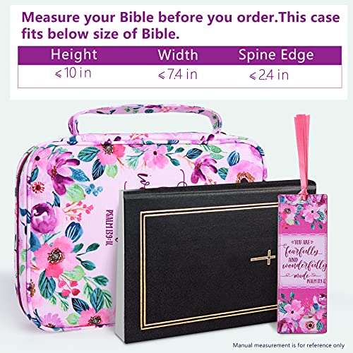 Floral Bible Cover Case with Scripture Carrying Book Case Church Bag with Leather Bookmark Protective with Handle, Zipper and Pockets for Standard Size Bible, Gift for Women Girl Kids 10“x7.5”x2.5"