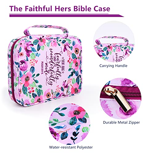 Floral Bible Cover Case with Scripture Carrying Book Case Church Bag with Leather Bookmark Protective with Handle, Zipper and Pockets for Standard Size Bible, Gift for Women Girl Kids 10“x7.5”x2.5"