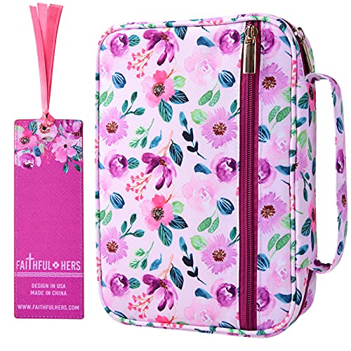 Floral Bible Cover Case with Scripture Carrying Book Case Church Bag with Leather Bookmark Protective with Handle, Zipper and Pockets for Standard Size Bible, Gift for Women Girl Kids 10“x7.5”x2.5"