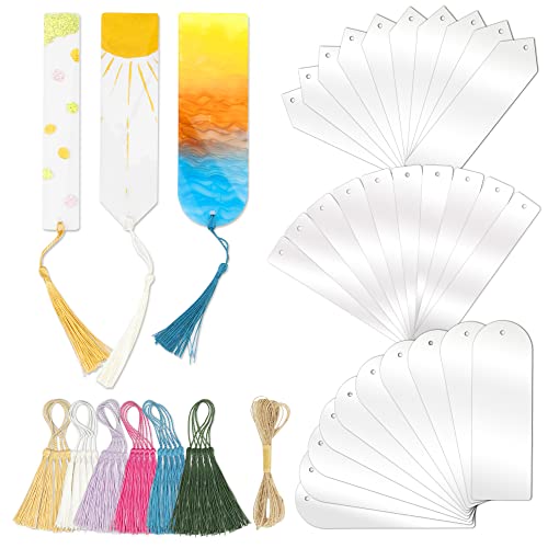 RAHATA Acrylic Bookmarks Blanks Bulk 30 PCS Clear Bookmark Clear Plastic Set for Vinyl DIY Craft (3 Shape of Bookmarks and 6 Color Tassels)