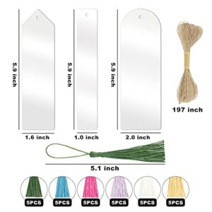 RAHATA Acrylic Bookmarks Blanks Bulk 30 PCS Clear Bookmark Clear Plastic Set for Vinyl DIY Craft (3 Shape of Bookmarks and 6 Color Tassels)