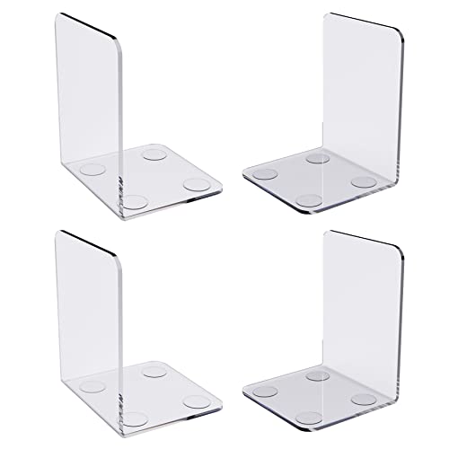 Clear Acrylic Book Ends, 4 Pcs Heavy Duty Non-Skid Bookends for Shelves/Desk, Office Home Book Stopper for Book, Video Games, CDs