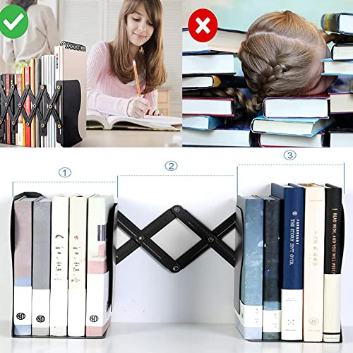 Metal Bookends for Heavy Books, Sturdy Book Stopper to Hold Books Heavy Duty, Adjustable Book Ends for Office & School (Black)