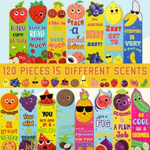 120 Pieces Scented Bookmarks Scratch and Sniff Bookmarks Fruit Bookmarks for Kids Cute Bookmarks Educational Book Markers for Office School Students Reader Supplies, 15 Scents