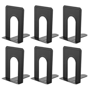jikiou book ends universal premium bookends for shelves, non-skid bookend, heavy duty metal book end, book stopper for books/movies/cds/video games, 6.69 x 4.9 x 4.3 in, black (3 pairs/6 pieces)
