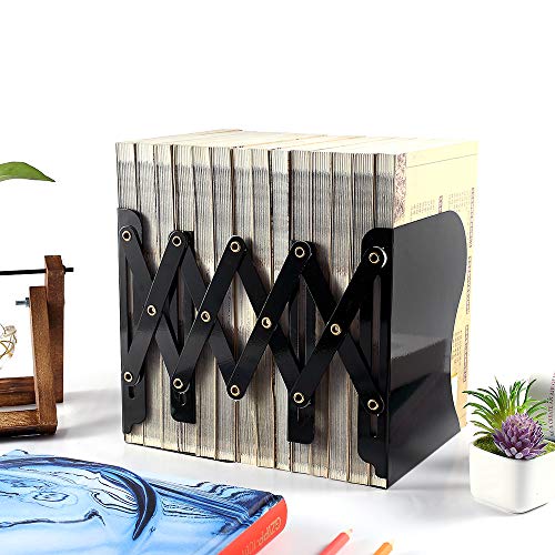 Adjustable Bookends, Metal Book Ends for Heavy Book, 2 Dividers, Nonslip Book Stander for Desk, Shelf, Office, Stationery Gift, Extends up to 19 inches (Black)