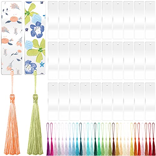 30 Pcs Acrylic Bookmark Blanks with 30 Pcs Tassels, ZYNERY Unfinished Transparent Bookmarks, Double Sided DIY Rectangle Bookmarks for Women, Kids, Book Lovers (3.2 x 12 cm/ 1.3 x 4.7 Inch)