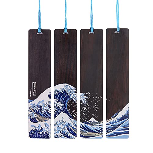 Donxote 4-Piece Bookmark, Japanese Ukiyo-e Bookmarks for Book Lovers, Hand Made Wood Art Book Mark Gift Box Set with Tassel, is A Unique Gift for Men, Women and Kids - The Great Wave Off Kanagawa