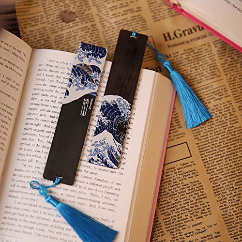 Donxote 4-Piece Bookmark, Japanese Ukiyo-e Bookmarks for Book Lovers, Hand Made Wood Art Book Mark Gift Box Set with Tassel, is A Unique Gift for Men, Women and Kids - The Great Wave Off Kanagawa