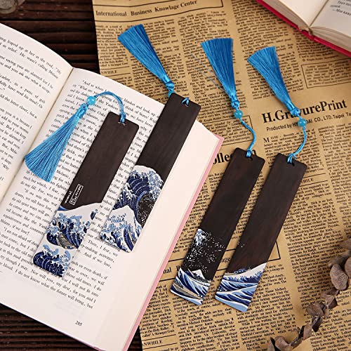 Donxote 4-Piece Bookmark, Japanese Ukiyo-e Bookmarks for Book Lovers, Hand Made Wood Art Book Mark Gift Box Set with Tassel, is A Unique Gift for Men, Women and Kids - The Great Wave Off Kanagawa