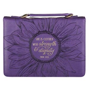 christian art gifts women’s fashion bible cover strength and dignity proverbs 31:25, purple/gold sunflower faux leather, large