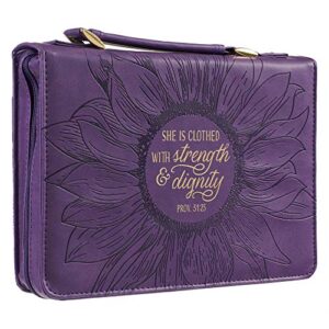 Christian Art Gifts Women's Fashion Bible Cover Strength and Dignity Proverbs 31:25, Purple/Gold Sunflower Faux Leather, Large