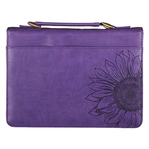 Christian Art Gifts Women's Fashion Bible Cover Strength and Dignity Proverbs 31:25, Purple/Gold Sunflower Faux Leather, Large