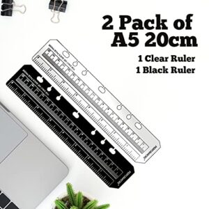 PERFORMORE 2 Pack of Snap-in 8” Bookmark Rulers, Black and Clear Plastic Page Marker Divider Pagefinder Measuring Today Ruler for A5 Size Binder Notebook Planner with Up to 7-Hole Ring Configuration