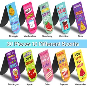 30 Pieces Assorted Scented Magnetic Bookmarks Scratch and Sniff Fruit Food Theme Bookmarks Encouraging Sayings Bookmarks Cute Bookmarks for Kids, Students, Teens, 10 Styles (Classic)
