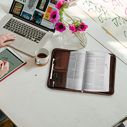 GraduatePro Bible Cover for Men, Bible Case for Women, PU Leather Zippered Scripture Bag with Carrying Handle, Psalm 46:10, Large Size Vintage Brown