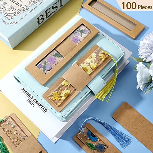 50 Set Bookmark Cardboard Gift Boxes Resin Bookmark Holder 5.9 x 1.8'' Bookmark Sleeves Blank Display Cards Bookmark Gift Cases for Small Business Bookmark Wrapping Packaging Supplies (Brown)