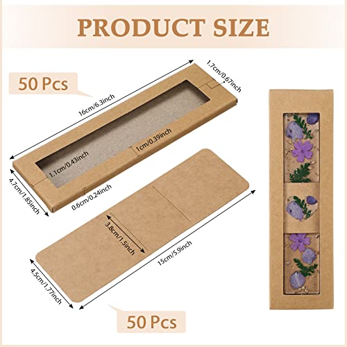 50 Set Bookmark Cardboard Gift Boxes Resin Bookmark Holder 5.9 x 1.8'' Bookmark Sleeves Blank Display Cards Bookmark Gift Cases for Small Business Bookmark Wrapping Packaging Supplies (Brown)