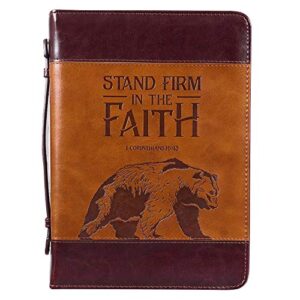 christian art gifts men’s classic bible cover stand firm in faith bear 1 corinthians 16:13, brown faux leather, large