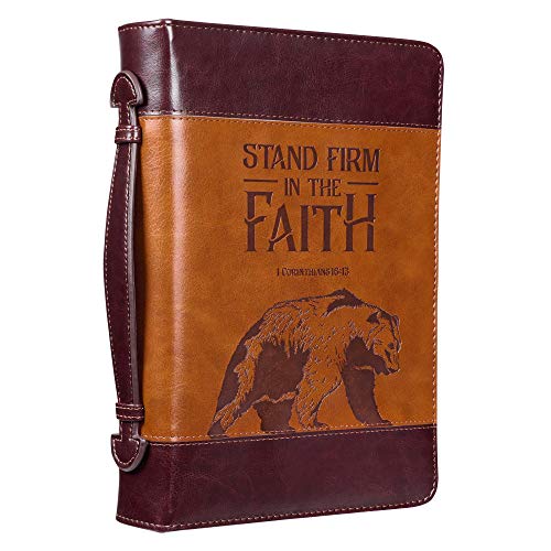 Christian Art Gifts Men's Classic Bible Cover Stand Firm in Faith Bear 1 Corinthians 16:13, Brown Faux Leather, Large