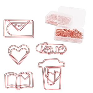 110 pcs rose gold cute paper clips assorted sizes and shapes of heart, love, letter, book and coffee cup small bookmark clips for school office home wedding women girls students stainless steel