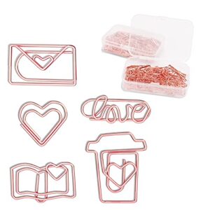 110 Pcs Rose Gold Cute Paper Clips Assorted Sizes and Shapes of Heart, Love, Letter, Book and Coffee Cup Small Bookmark Clips for School Office Home Wedding Women Girls Students Stainless Steel