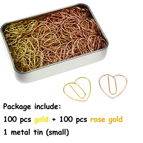 Small Paper Clips Cute Heart Paper Clips Bookmarks, 200 PCS Gold and Rose Gold Paper Clips, Gifts Idea (Mini Size, 200 Pcs)