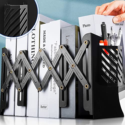 Heavy Duty Book Ends to Hold Books with Pen Holder, Adjustable Bookends, Metal Book Ends for Shelves, Black Book Holders Binder Organizer for Bookshelf Desk - Extends up to 19"