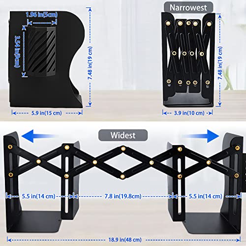 Heavy Duty Book Ends to Hold Books with Pen Holder, Adjustable Bookends, Metal Book Ends for Shelves, Black Book Holders Binder Organizer for Bookshelf Desk - Extends up to 19"