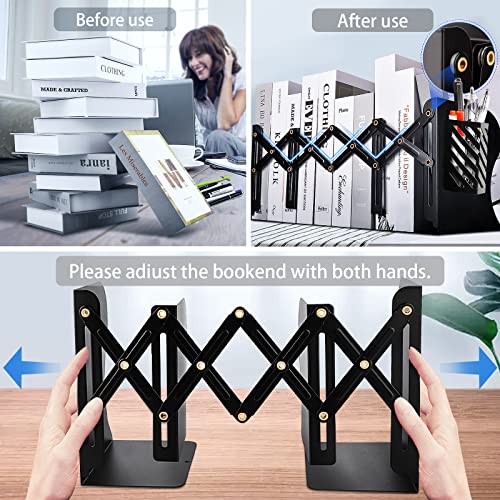 Heavy Duty Book Ends to Hold Books with Pen Holder, Adjustable Bookends, Metal Book Ends for Shelves, Black Book Holders Binder Organizer for Bookshelf Desk - Extends up to 19"