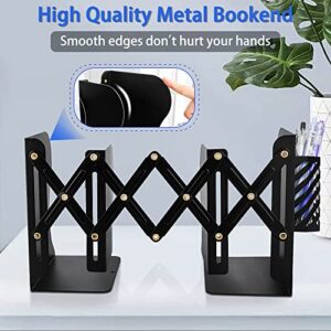 Heavy Duty Book Ends to Hold Books with Pen Holder, Adjustable Bookends, Metal Book Ends for Shelves, Black Book Holders Binder Organizer for Bookshelf Desk - Extends up to 19"