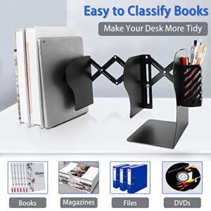 Heavy Duty Book Ends to Hold Books with Pen Holder, Adjustable Bookends, Metal Book Ends for Shelves, Black Book Holders Binder Organizer for Bookshelf Desk - Extends up to 19"