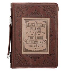 christian art gifts men’s classic bible cover a man’s heart proverbs 16:9, brown/tan faux leather, medium
