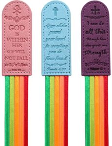 3 pieces leather bible bookmarks bible ribbon bookmark multi ribbon page marker, bible verse inspirational bookmarks – psalm 46:5, proverbs 4:23, philippians 4:13, bible accessories,bible supplies