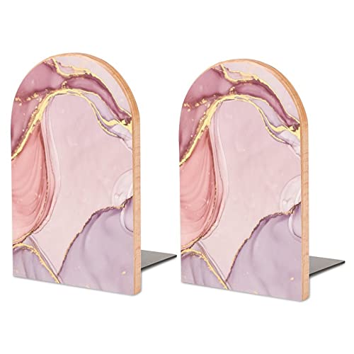 2 PCS Wood Book Ends,Pink Glitter Rose Gold Marble Bookends for Shelves Non-Skid Book Stand for Home Office School Sturdy Book Holders for Heavy Books 7x5 inch