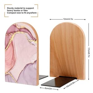 2 PCS Wood Book Ends,Pink Glitter Rose Gold Marble Bookends for Shelves Non-Skid Book Stand for Home Office School Sturdy Book Holders for Heavy Books 7x5 inch