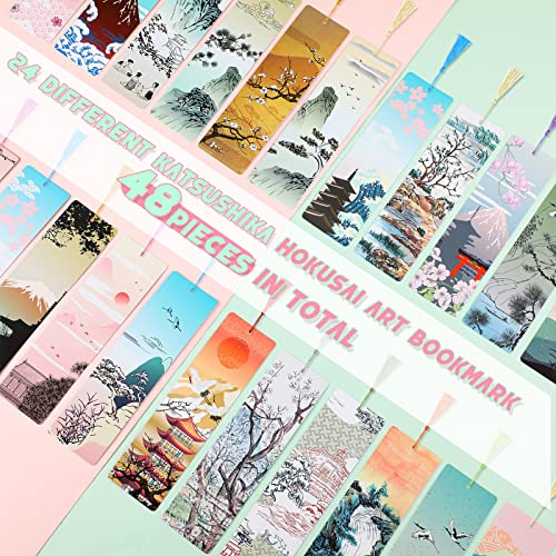 48 Pieces Tassel Bookmarks Anime Bookmark with Tassels Inspirational Japanese Paper Bookmark Japan Art Impressions Bookmarker Cards Nature Manga Bookmarks for Artists Men Women Book Lover Teen