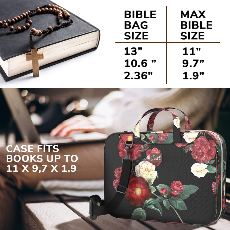 Bible Covers for Women Large Medium Size - XXL Floral Bible Case Bag Fits Books Up to 11 x 9.7 x 1.9 Inches - | Zippered Pocket | Pen Slots | Shoulder Strap | - Black Christian Gift for Girl