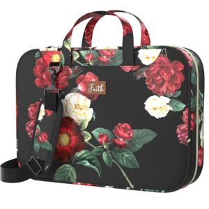 Bible Covers for Women Large Medium Size - XXL Floral Bible Case Bag Fits Books Up to 11 x 9.7 x 1.9 Inches - | Zippered Pocket | Pen Slots | Shoulder Strap | - Black Christian Gift for Girl