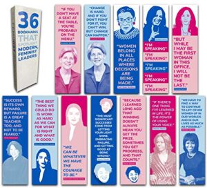 36-pack of feminist leaders paper bookmarks. perfect for women, girls and feminists. these cool, cute, & fun book marks have inspirational, motivational quotes by ruth bader ginsburg, vp harris, etc.