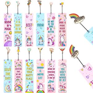 12 pieces unicorn and rainbow theme bookmarks sunflower theme bookmarks with 12 pieces metal charms, inspirational quotes bookmarker page markers 100th day of school gift for kid (unicorn-rainbow)