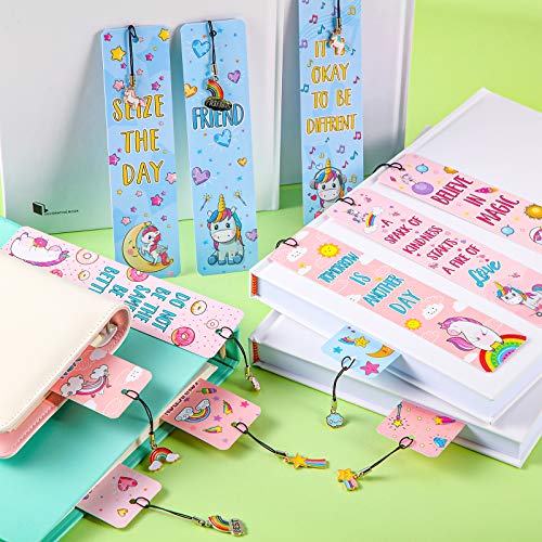 12 Pieces Unicorn and Rainbow Theme Bookmarks Sunflower Theme Bookmarks with 12 Pieces Metal Charms, Inspirational Quotes Bookmarker Page Markers 100th Day of School Gift for Kid (Unicorn-Rainbow)