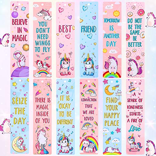 12 Pieces Unicorn and Rainbow Theme Bookmarks Sunflower Theme Bookmarks with 12 Pieces Metal Charms, Inspirational Quotes Bookmarker Page Markers 100th Day of School Gift for Kid (Unicorn-Rainbow)