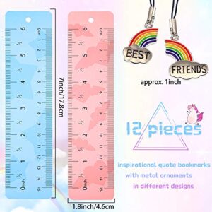 12 Pieces Unicorn and Rainbow Theme Bookmarks Sunflower Theme Bookmarks with 12 Pieces Metal Charms, Inspirational Quotes Bookmarker Page Markers 100th Day of School Gift for Kid (Unicorn-Rainbow)