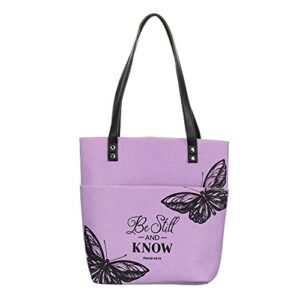 christian art gifts felt and faux leather fashion bible cover butterfly tote bag – be still and know – psalm 46:10 inspirational bible verse, purple and black, one size